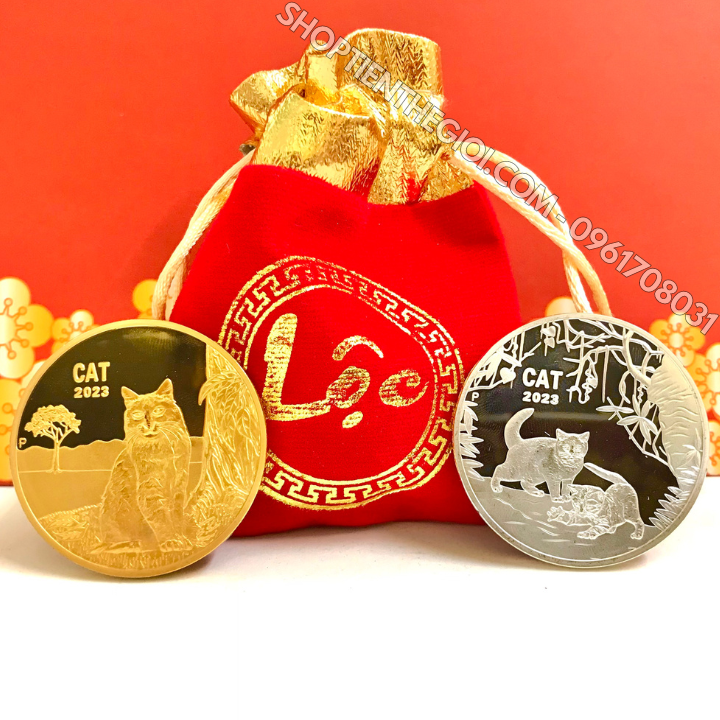 Cặp Xu Úc Hình Con Mèo Mạ Vàng Bạc tặng túi gấm LỘC - SP005894